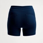 High waisted bike shorts in navy blue with pockets, studio shot on white background.
