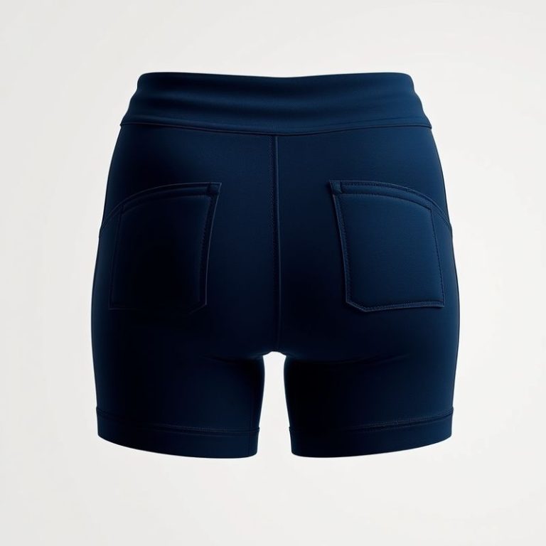 High waisted bike shorts in navy blue with pockets, studio shot on white background.