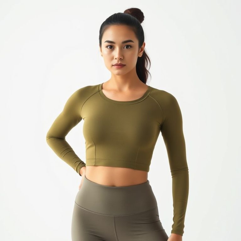 Long sleeve yoga tops compression crop top in olive green, studio shot on white background, hyperrealistic 8k detail.