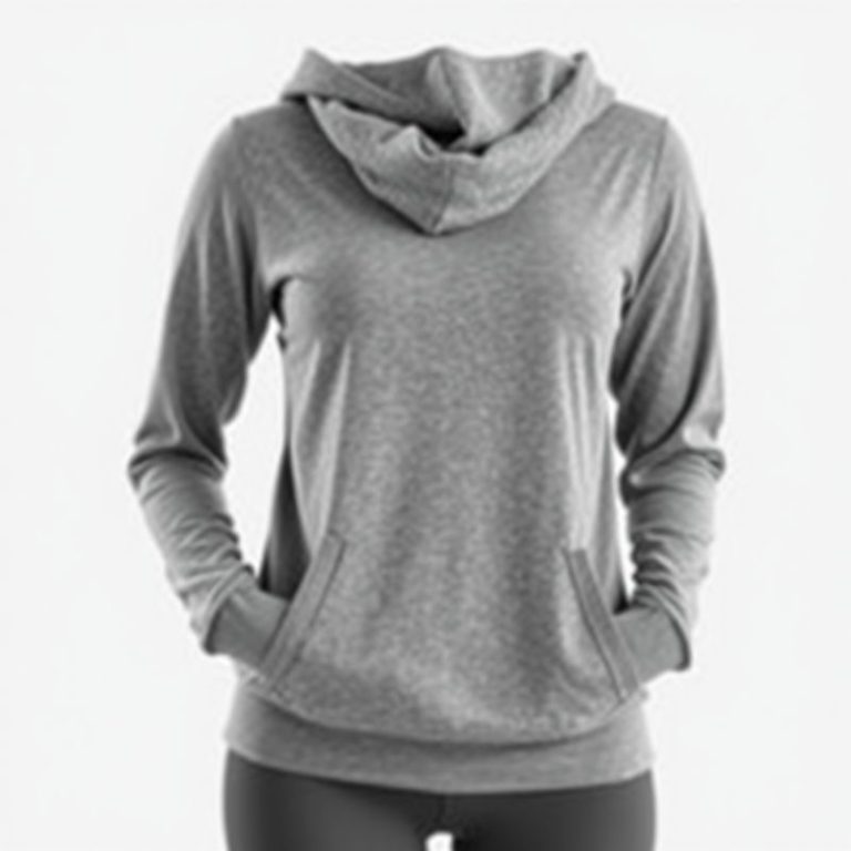 Heather Grey yoga hoodie long sleeve activewear tops on white background, hyperrealistic studio photo.