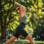 A woman in black yoga shorts with pockets performing a warrior pose in an Australian park, Olive Green hue.
