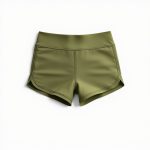 Women's yoga shorts in olive green, hyperrealistic studio photo on white background.