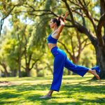 A woman in Royal Blue 3/4 flare pants doing yoga in an Australian park.