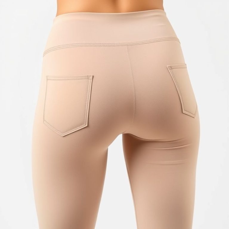 Beige active leggings with pockets, high waisted leggings on white background, hyperrealistic studio photo.