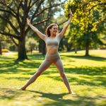 A woman in beige active leggings with pockets performing yoga in an Australian park, high waisted leggings in motion.