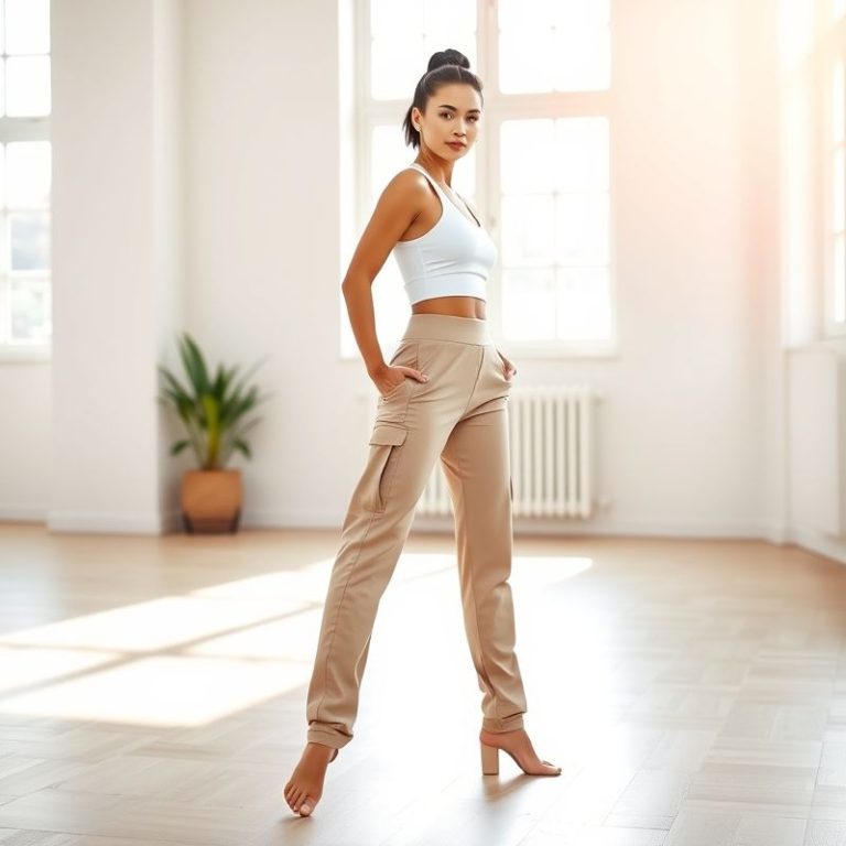 A model wearing black leggings with pockets straight leg yoga pants in beige, posing in a bright yoga studio.