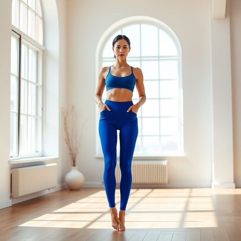 A model in royal blue seamless pocket leggings with pockets, posing in a bright yoga studio.