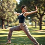 A woman in black leggings with pockets performing yoga in an Australian park, straight leg yoga pants in motion.