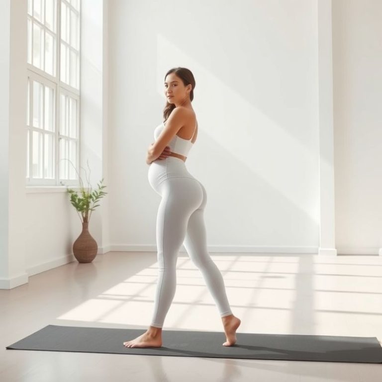 A model wearing black maternity pants pregnancy leggings in a white yoga studio, natural light.