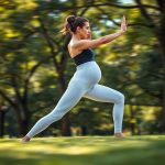 A pregnant woman in black maternity pants doing yoga in an Australian park, pregnancy leggings in motion.