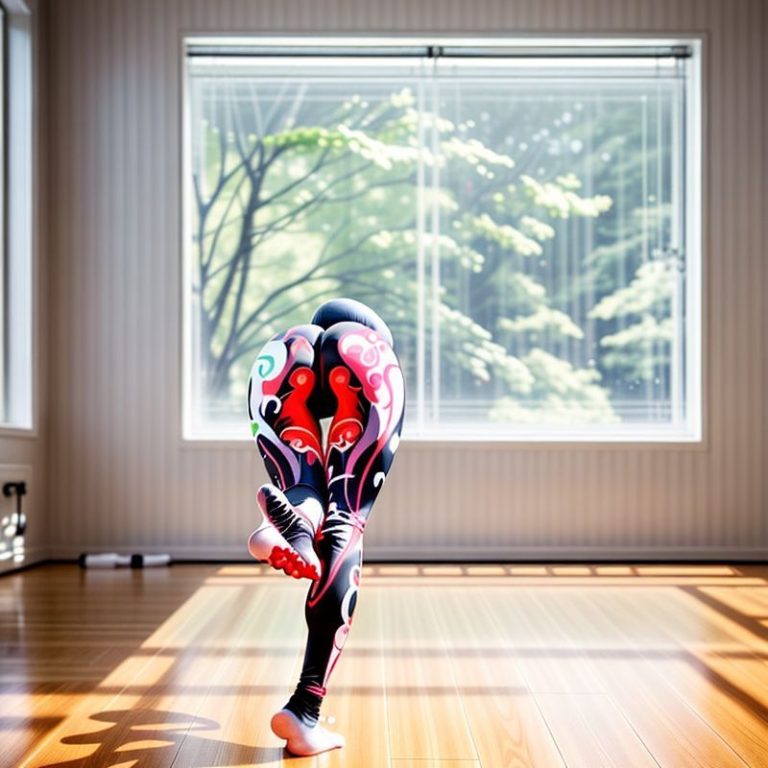 A model in black petite yoga pants with bum scrunch detail, posing in a bright minimalist yoga studio.