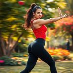 A woman in black petite yoga pants with bum scrunch doing yoga in an Australian park, dynamic action shot.