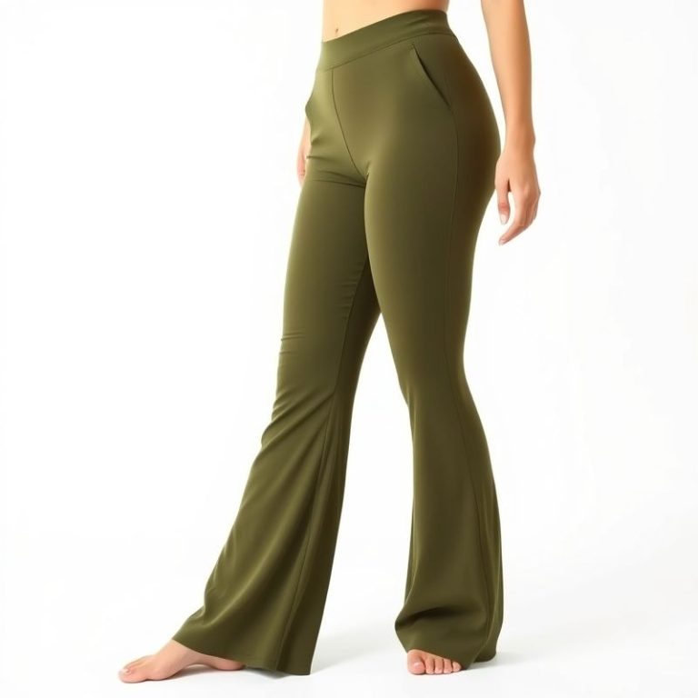 Olive green sustainable Australian activewear, black yoga flare pants on white background.