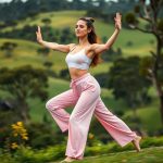 A woman in Pastel Pink bootleg yoga pants australia performing a yoga pose in an Australian park.