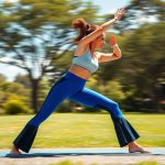 Woman in Royal Blue colourful yoga pants performing a yoga pose in an Australian park.
