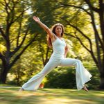 Woman in Australian park doing yoga in white cotton yoga pants australia flare legging.