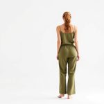 Back view of a woman in olive green cotton yoga pants Australia from a womens loungewear set.