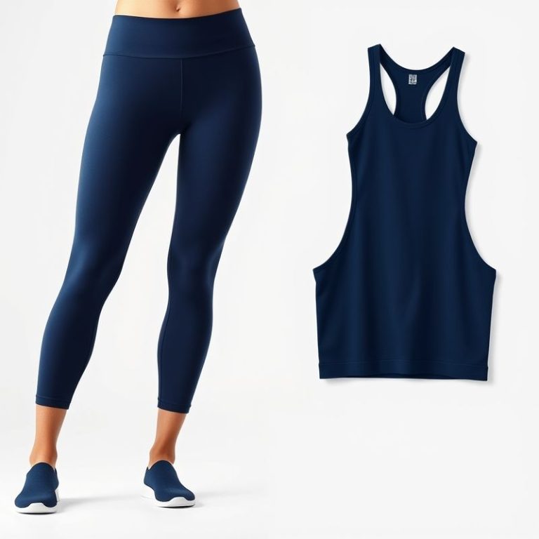 Navy Blue cropped yoga pants and yoga tank tops on a white background, hyperrealistic studio photo.