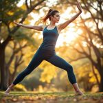 A woman in navy blue cropped yoga pants and yoga tank top performing a yoga pose in an Australian park.