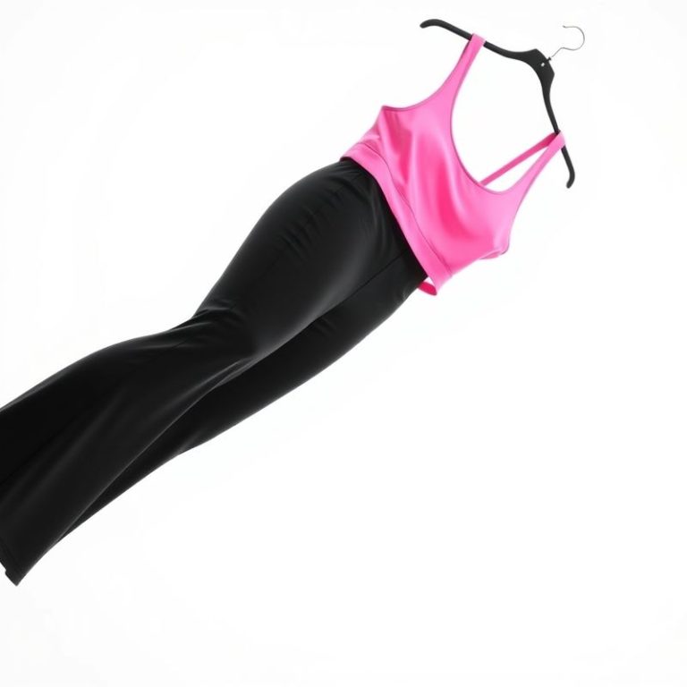 Flare black yoga pants with pink gym top on white background, hyperrealistic studio photo.