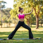 A woman in flare black yoga pants and pink gym top performing yoga in an Australian park.