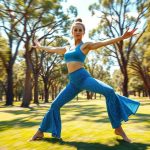A woman in Sky Blue flare leggings Australia performing yoga in an Aussie park, showcasing flare workout pants in motion.