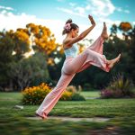 A woman in Pastel Pink flare yoga pants petite performing a yoga pose in an Australian park.