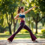 A woman in blue flare yoga pants womens performing a yoga pose in an Australian park, Burgundy colour.