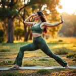 A woman in olive green flared leggings Australia performing yoga in an Aussie park, plus size flare leggings in motion.