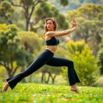 A woman in black flared leggings for women with hidden scrunch doing yoga in an Australian park.
