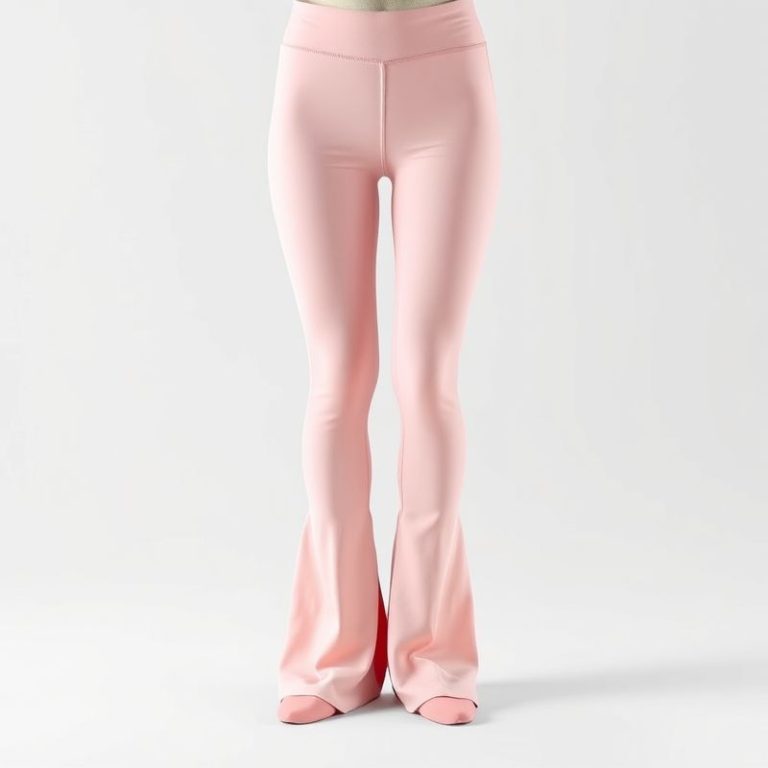 Pastel pink flared leggings women with invisible scrunch detail, hyperrealistic studio shot on white background.