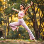 A woman in pastel pink flared leggings women invisible scrunch leggings performing yoga in an Australian park.