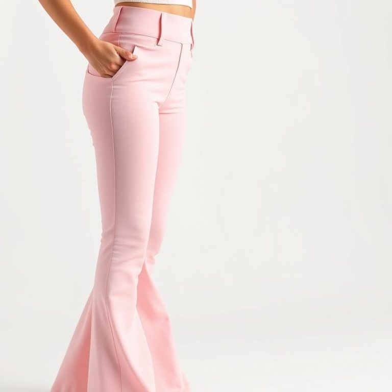 High waisted flare leggings with pockets in pastel pink on white background, photorealistic studio shot.