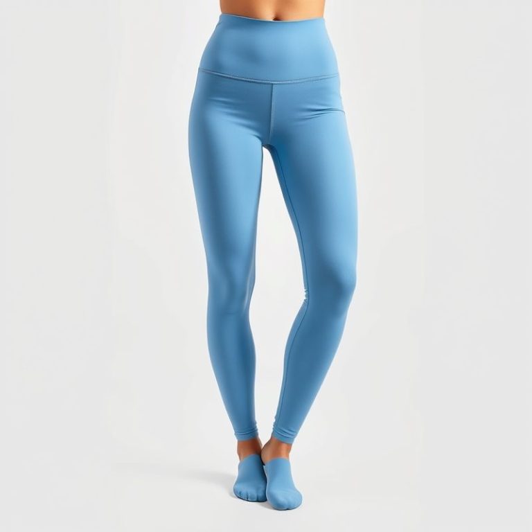 Sky Blue high waisted yoga pants with pockets, activewear leggings on white background, hyperrealistic studio photo.