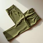 Olive green high waisted yoga pants women flared workout pants folded neatly on a neutral surface, top-down view.