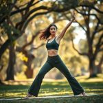 A woman in high waisted yoga pants women performing a yoga pose in Olive Green flared workout pants at an Australian park.