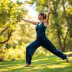 Woman in Australian park performing yoga in navy blue bamboo loose exercise pants.
