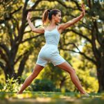 A woman in organic cotton yoga shorts performing a yoga pose in an Australian park.
