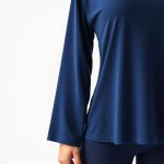 Navy Blue organic cotton yoga pants and matching yoga top with sleeves on white background.