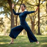 Woman in Navy Blue organic cotton yoga pants and top performing yoga in an Australian park.