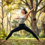 A woman in seamless black leggings with pockets performing yoga in an Aussie park, beige colour.