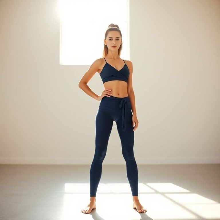 A model in a navy wrap tie top and yoga pants in a bright yoga studio.