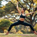 A woman in a black yoga crop and flare leggings performing a yoga pose in an Australian park.