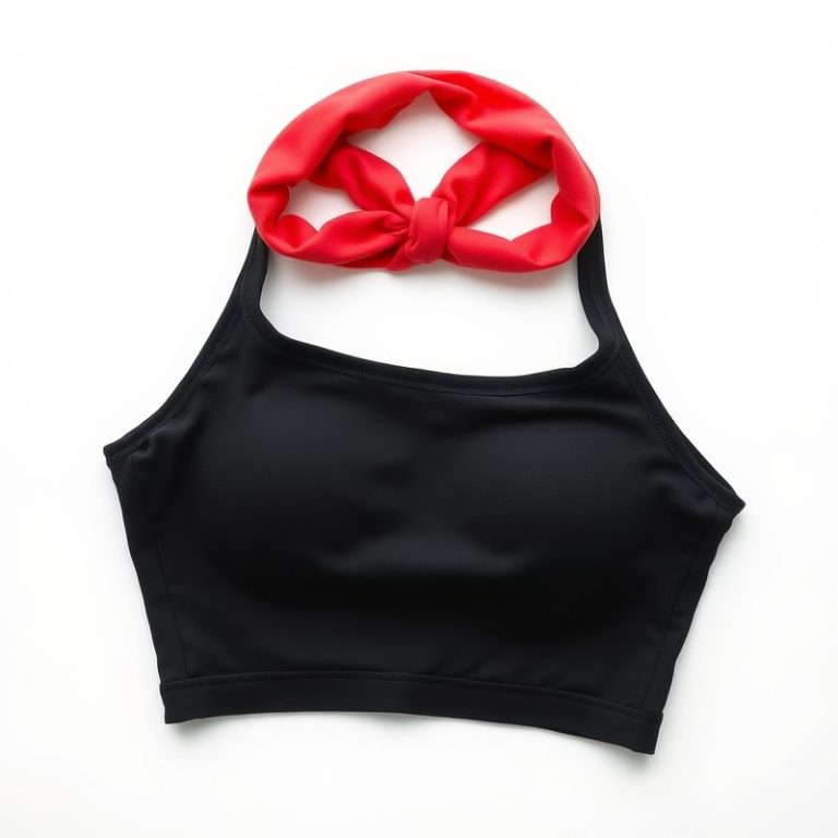 Red yoga crop top and black soft headband on a white background.