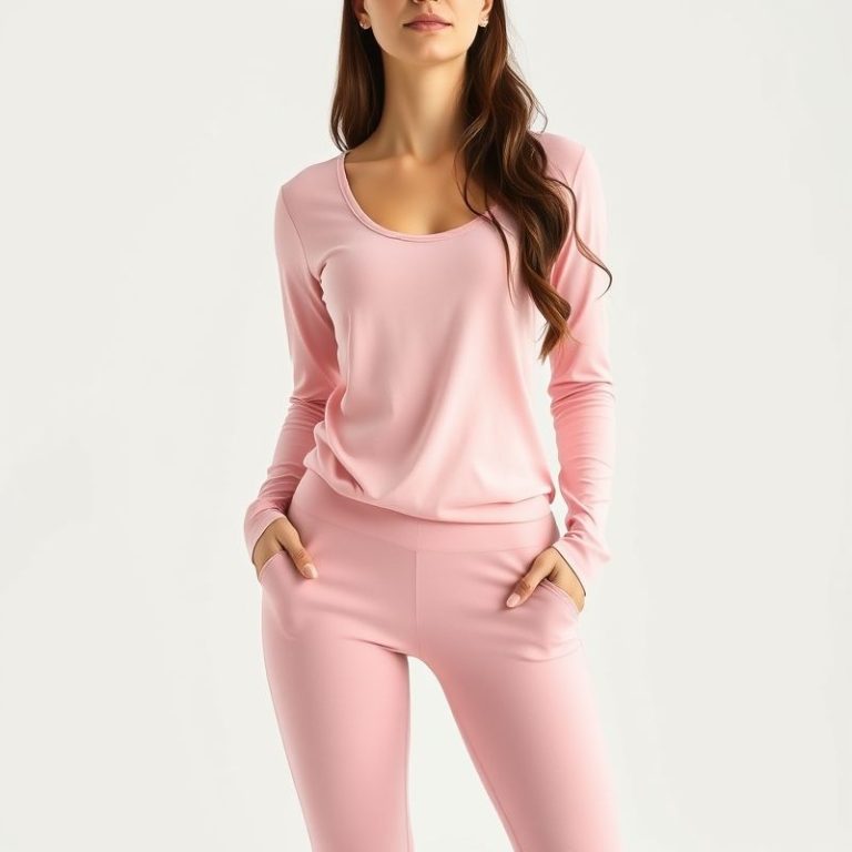 Pastel pink yoga flare pants and long sleeve yoga top for women on white background, hyperrealistic studio photo.