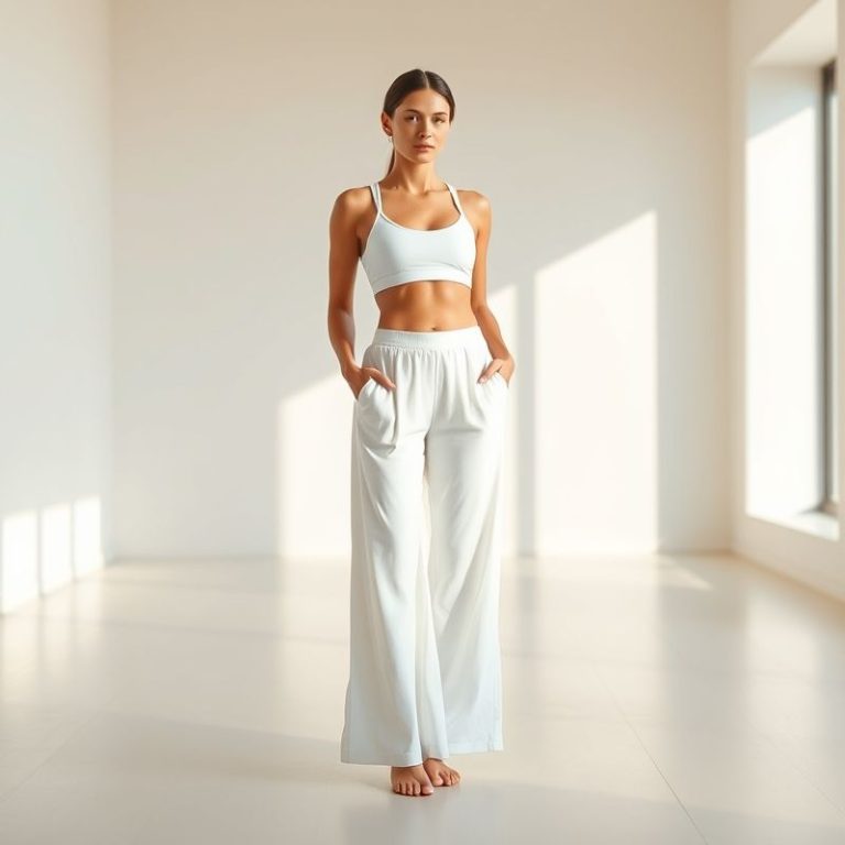A model in white organic cotton yoga flares posing in a bright yoga studio.