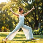 A woman in white organic cotton yoga flares performing a yoga pose in an Australian park.