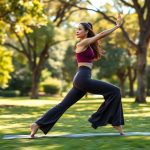 Woman in Warrior II pose wearing purple flare yoga leggings in an Australian park.