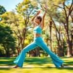 Woman in warrior pose wearing sky blue yoga pants flare in an Australian park.