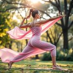 A man wearing Pastel Pink yoga pants men male yoga outfit performing Warrior II pose in an Australian park.